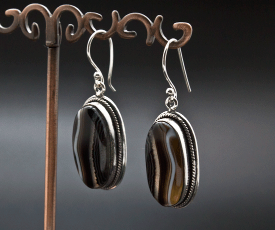 Sterling Silver Black Tibetan Agate Earrings