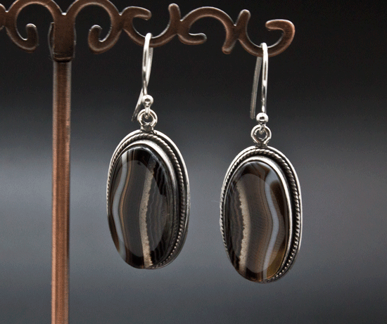 Sterling Silver Black Tibetan Agate Earrings