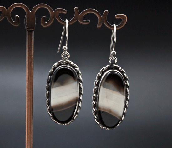 Sterling Silver Black Tibetan Agate Earrings