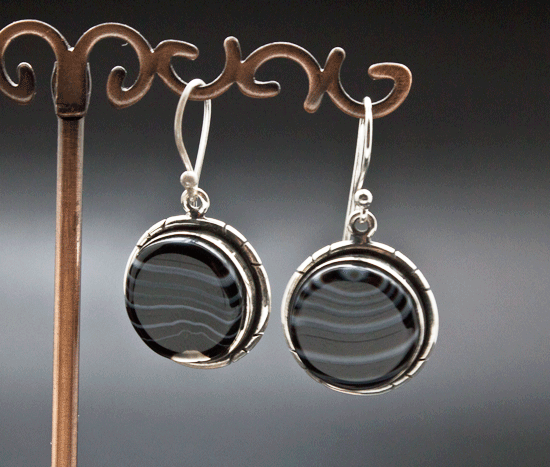 Sterling Silver Black Tibetan Agate Earrings