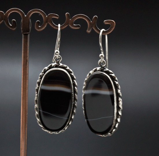 Sterling Silver Black Tibetan Agate Earrings