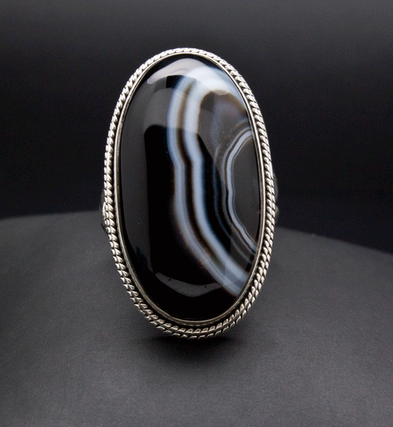 Sterling Silver Black Tibet Agate Ring Size 9