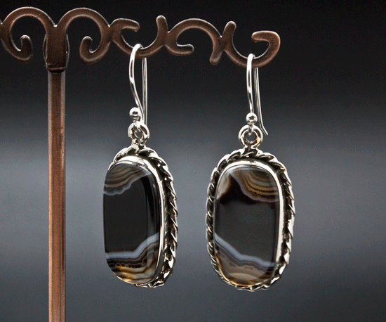 Sterling Silver Black Tibetan Agate Earrings