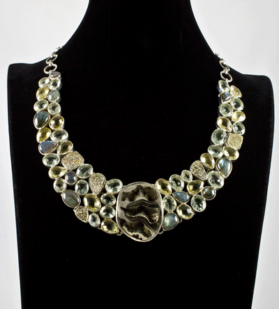 Sterling Silver Pyritized Ammonite, Green Amethyst, Citrine and Labradorite Necklace