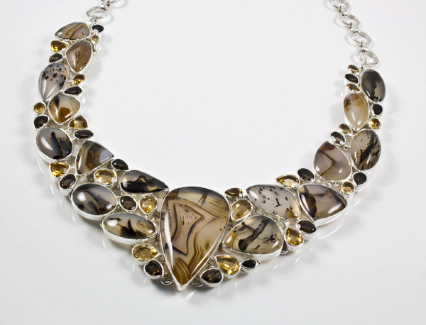 Sterling Silver Montana Agate, Citrine and Smoky Quartz Necklace