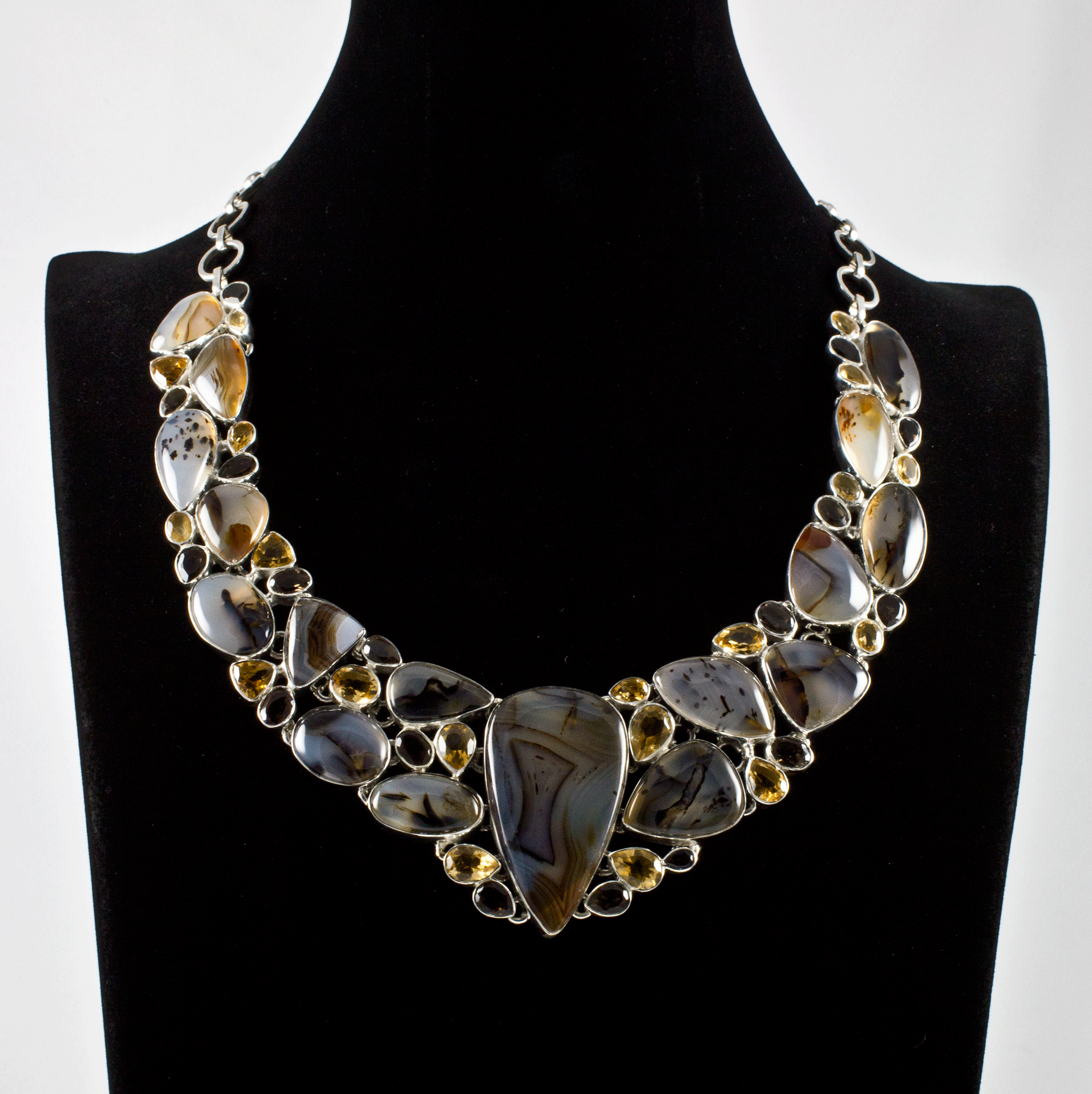 Sterling Silver Montana Agate, Citrine and Smoky Quartz Necklace