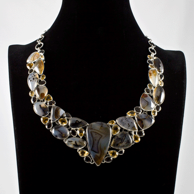 Sterling Silver Montana Agate, Citrine and Smoky Quartz Necklace