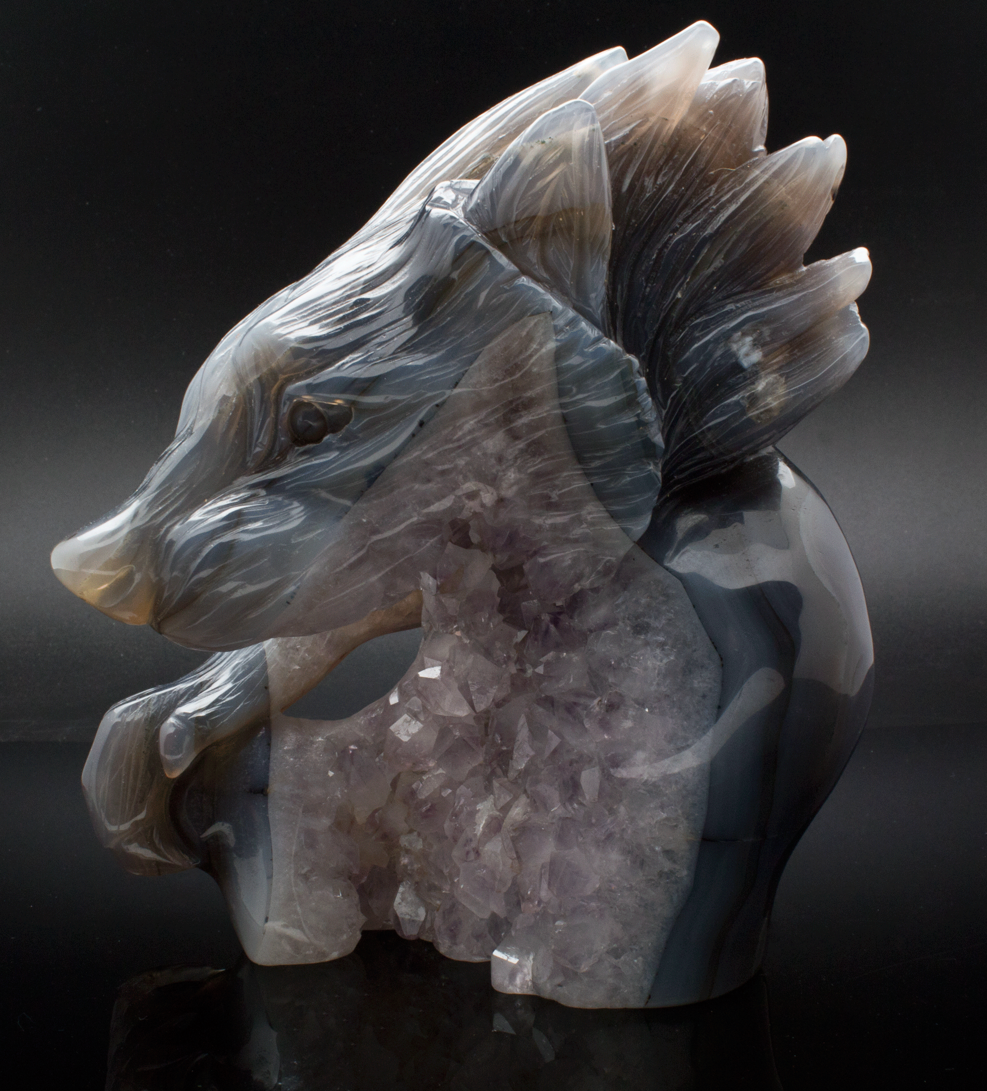 Agate and Amethyst Druzy Wolf Carving