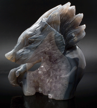Agate and Amethyst Druzy Wolf Carving