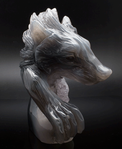 Agate and Amethyst Druzy Wolf Carving
