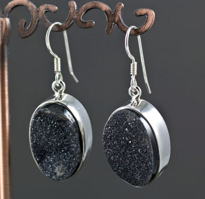 Sterling Silver Black Druzy Agate Earrings