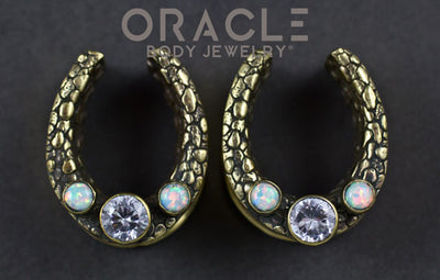 7/8" (22mm) Brass Saddles with Nugget Texture and White Synthetic Opals and CZs