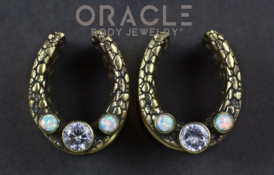 7/8" (22mm) Brass Saddles with Nugget Texture and White Synthetic Opals and CZs