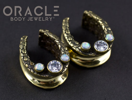 7/8" (22mm) Brass Saddles with Nugget Texture and White Synthetic Opals and CZs