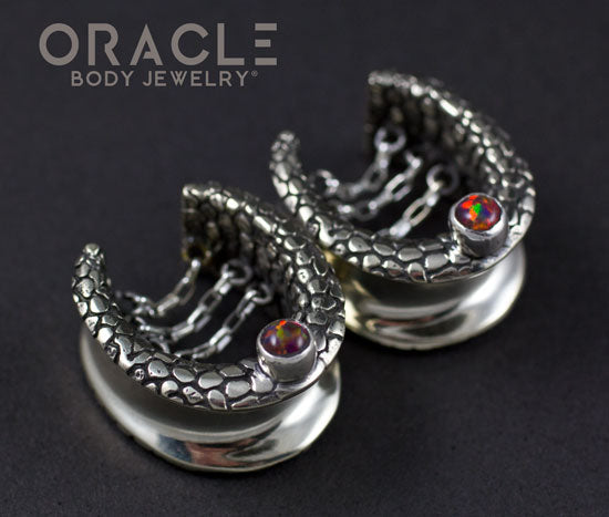 3/4" (19mm) White Brass Saddles with Nugget Texture, Chains and Black Synthetic Opals