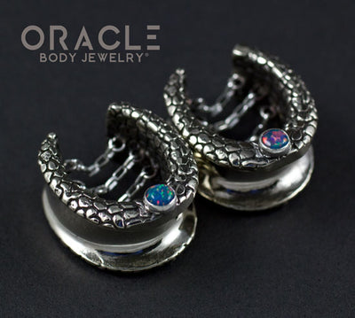 3/4" (19mm) White Brass Saddles with Nugget Texture, Chains and Blue Synthetic Opal
