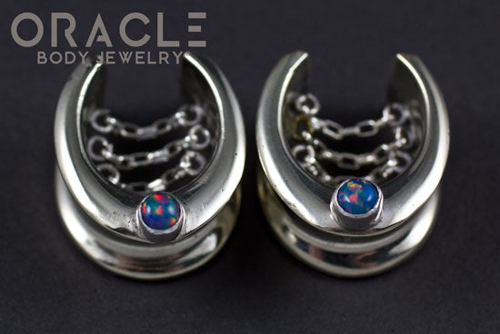 3/4" (19mm) White Brass Saddles with Chains and Blue Synthetic Opals