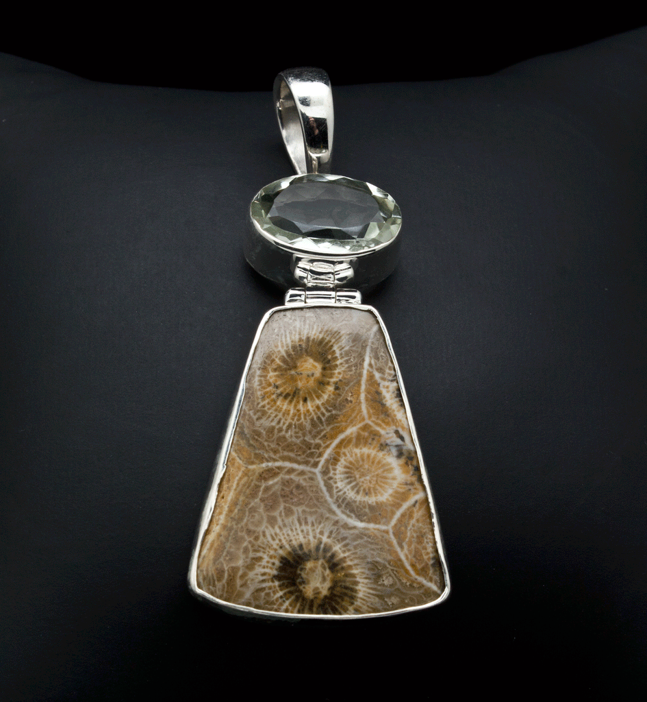 Sterling Silver Fossil Coral and Green Amethyst Pendant