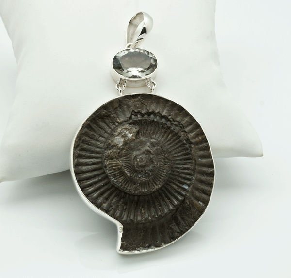 Steel Ammonite and Green Amethyst Pendant