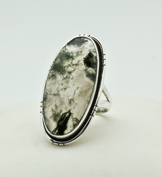 Sterling Silver Moss Agate Ring Size 5