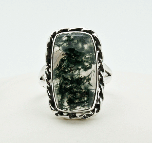 Sterling Silver Moss Agate Ring Size 9