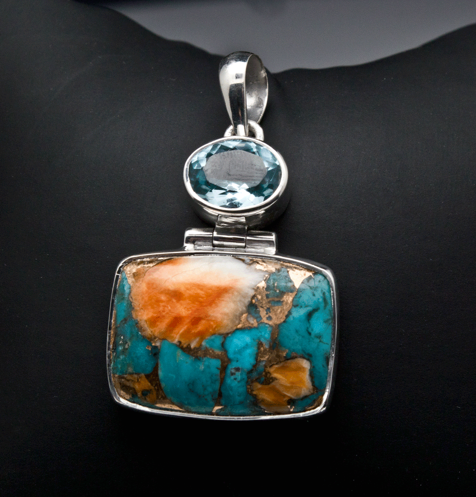Sterling Silver Spiny Oyster and Blue Topaz Pendant