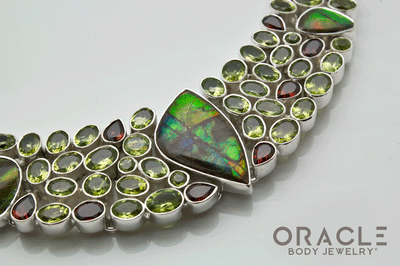 Sterling Silver Ammolite Necklace with Peridot and Garnet Accents
