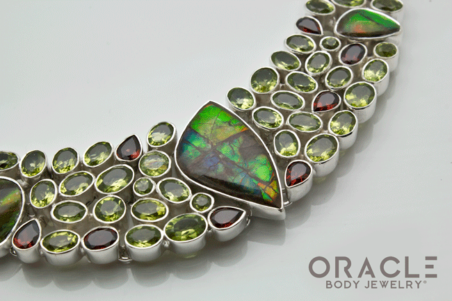 Sterling Silver Ammolite Necklace with Peridot and Garnet Accents