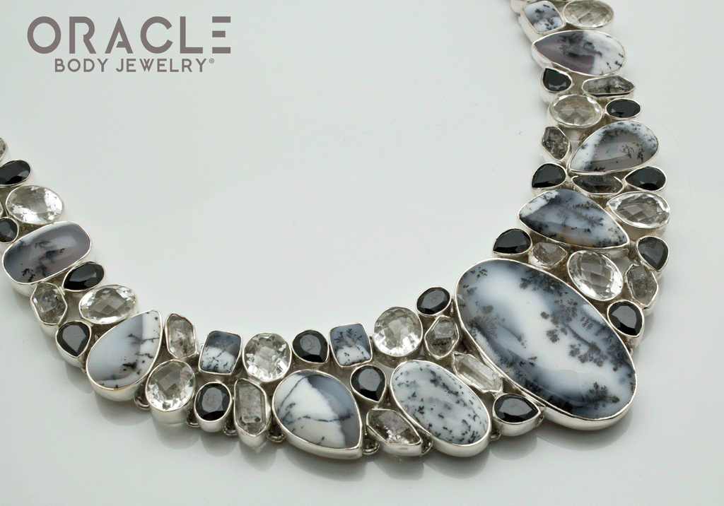 Sterling Silver Dendritic Opal with Herkimer Diamond and Faceted Quartz and Black Spinel Necklace