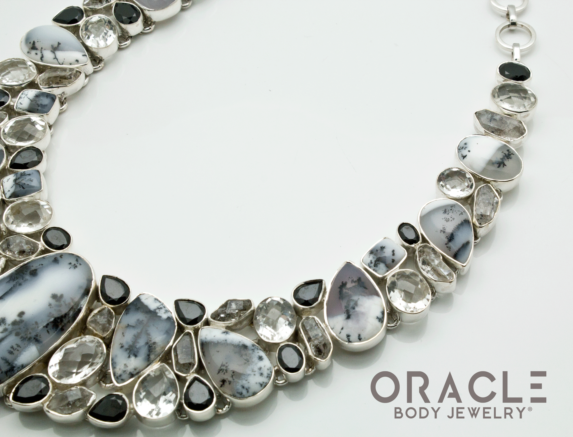 Sterling Silver Dendritic Opal with Herkimer Diamond and Faceted Quartz and Black Spinel Necklace