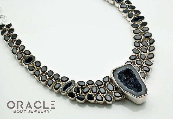 Sterling Silver Druzy Agate Geode with Faceted Black Spinel Necklace