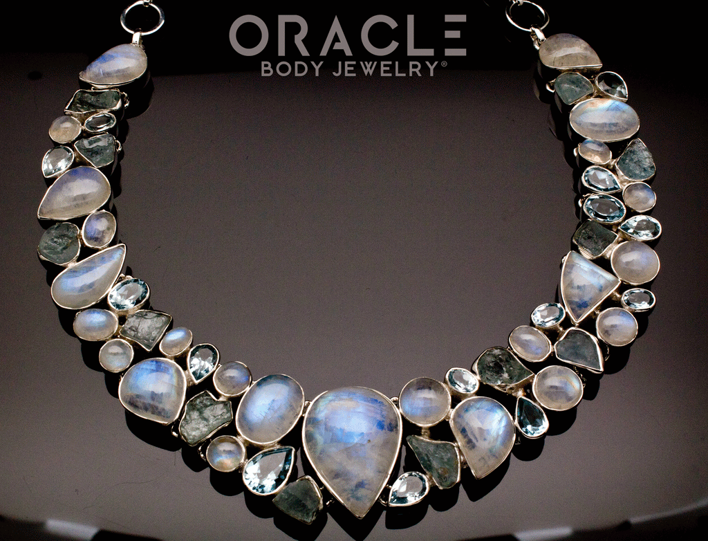 Sterling Silver Moonstone Necklace with Raw Aquamarine and Faceted Blue Topaz Accents