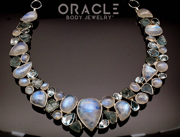 Sterling Silver Moonstone Necklace with Raw Aquamarine and Faceted Blue Topaz Accents