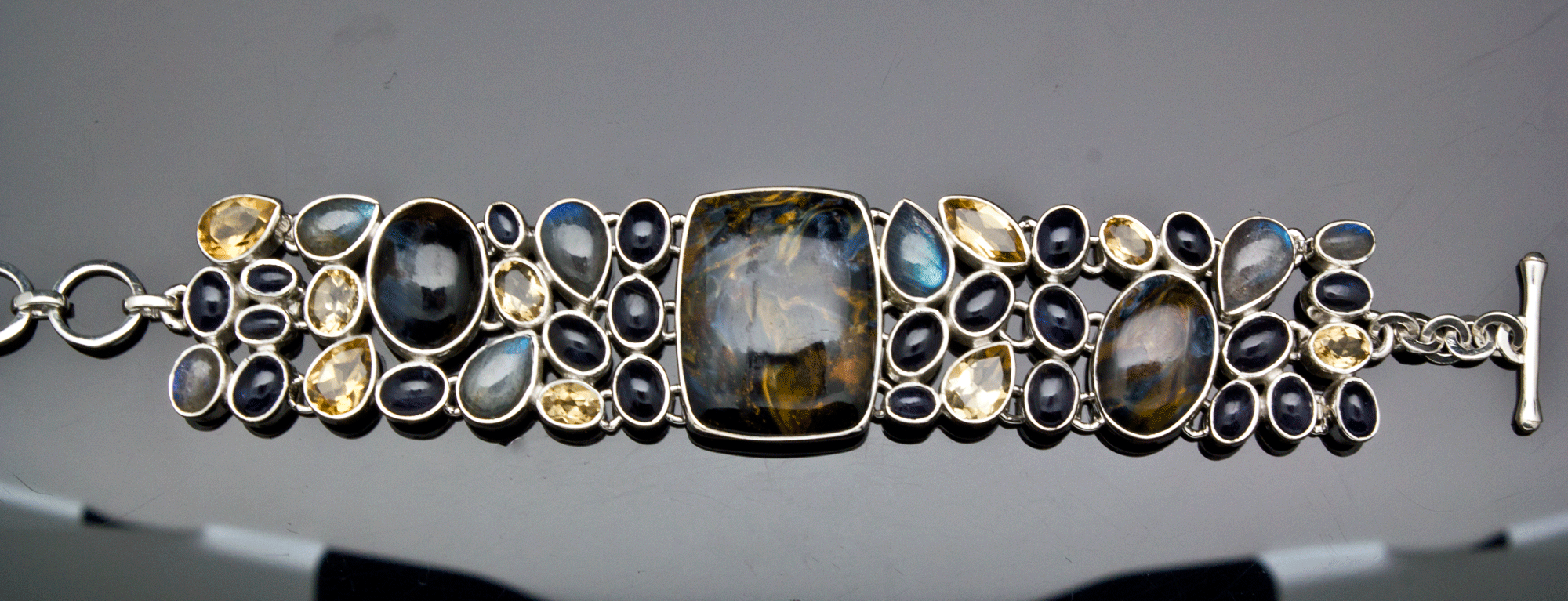 Sterling Silver Pietersite Bracelet with Labradorite, Citrine, Iolite Accents