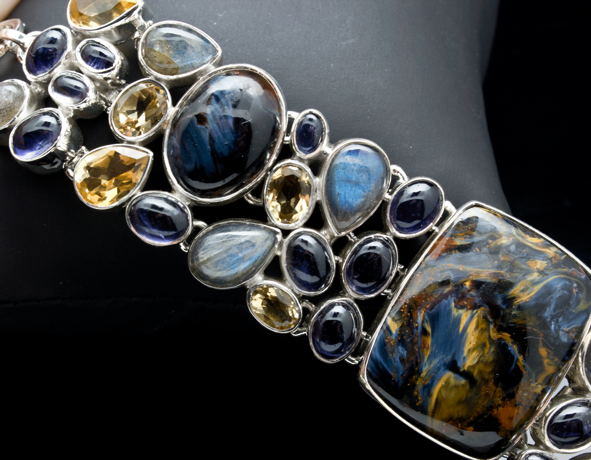 Sterling Silver Pietersite Bracelet with Labradorite, Citrine, Iolite Accents