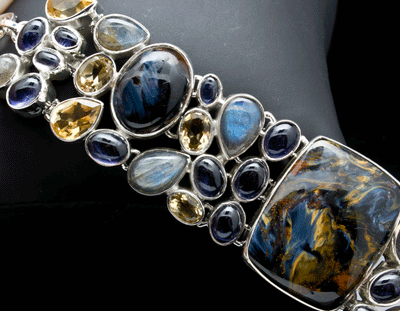 Sterling Silver Pietersite Bracelet with Labradorite, Citrine, Iolite Accents