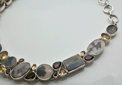 Sterling Silver Scenic Dendritic Agate with Smoky Quartz and Citrine Necklace