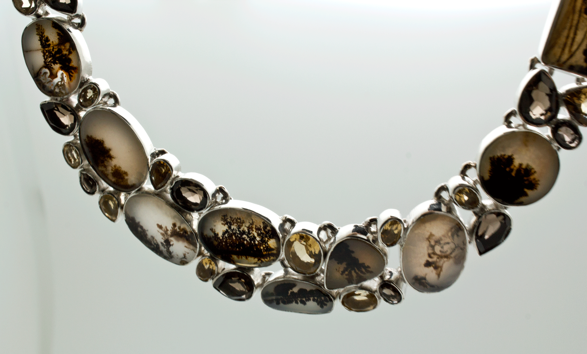 Sterling Silver Scenic Dendritic Agate with Smoky Quartz and Citrine Necklace