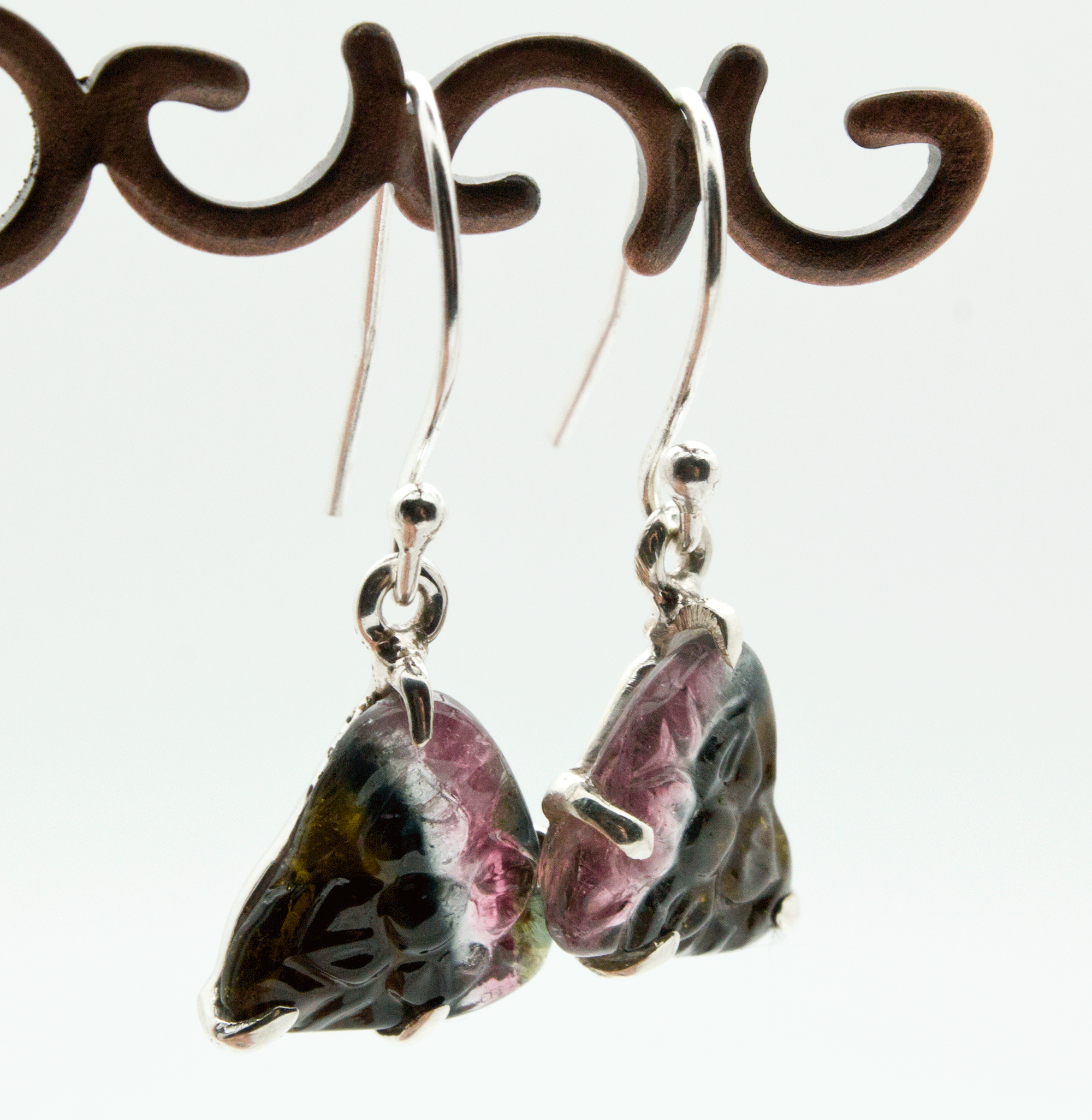 Sterling Silver Carved Watermelon Tourmaline Earrings