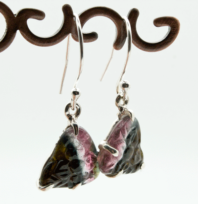 Sterling Silver Carved Watermelon Tourmaline Earrings