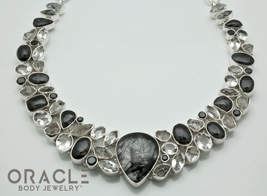Sterling Silver Tourmalated Quartz with Faceted Quartz and Black Spinal Necklace