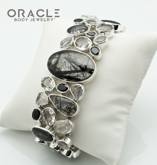 Sterling Silver Tourmalated Quartz Bracelet with Herkimer Diamond, Quartz and Black Spinal Accents