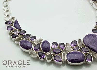 Sterling Silver Charoite Necklace with Faceted Amethyst, Charoite and Raw Quartz Accents