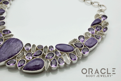 Sterling Silver Charoite Necklace with Faceted Amethyst, Charoite and Raw Quartz Accents