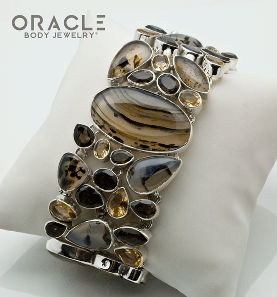 Sterling Silver Montana Agate Bracelet with Faceted Citrine and Smoky Quartz Accents