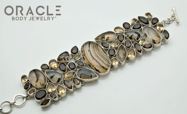 Sterling Silver Montana Agate Bracelet with Faceted Citrine and Smoky Quartz Accents