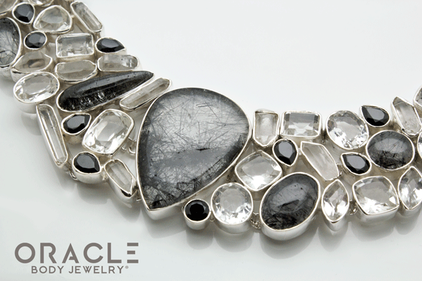 Sterling Silver Tourmalated Quartz Necklace with Clear Quartz and Black Spinal Accents
