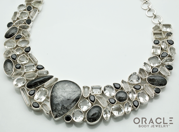 Sterling Silver Tourmalated Quartz Necklace with Clear Quartz and Black Spinal Accents