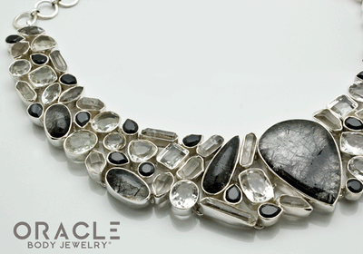 Sterling Silver Tourmalated Quartz Necklace with Clear Quartz and Black Spinal Accents