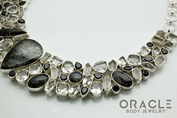 Sterling Silver Tourmalated Quartz Necklace with Clear Quartz and Black Spinal Accents